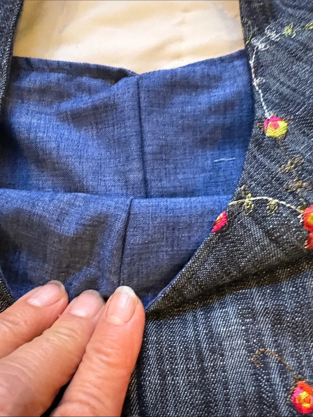 Upcycled Dark Blue Floral Denim  Embroidered Shoulder Bag